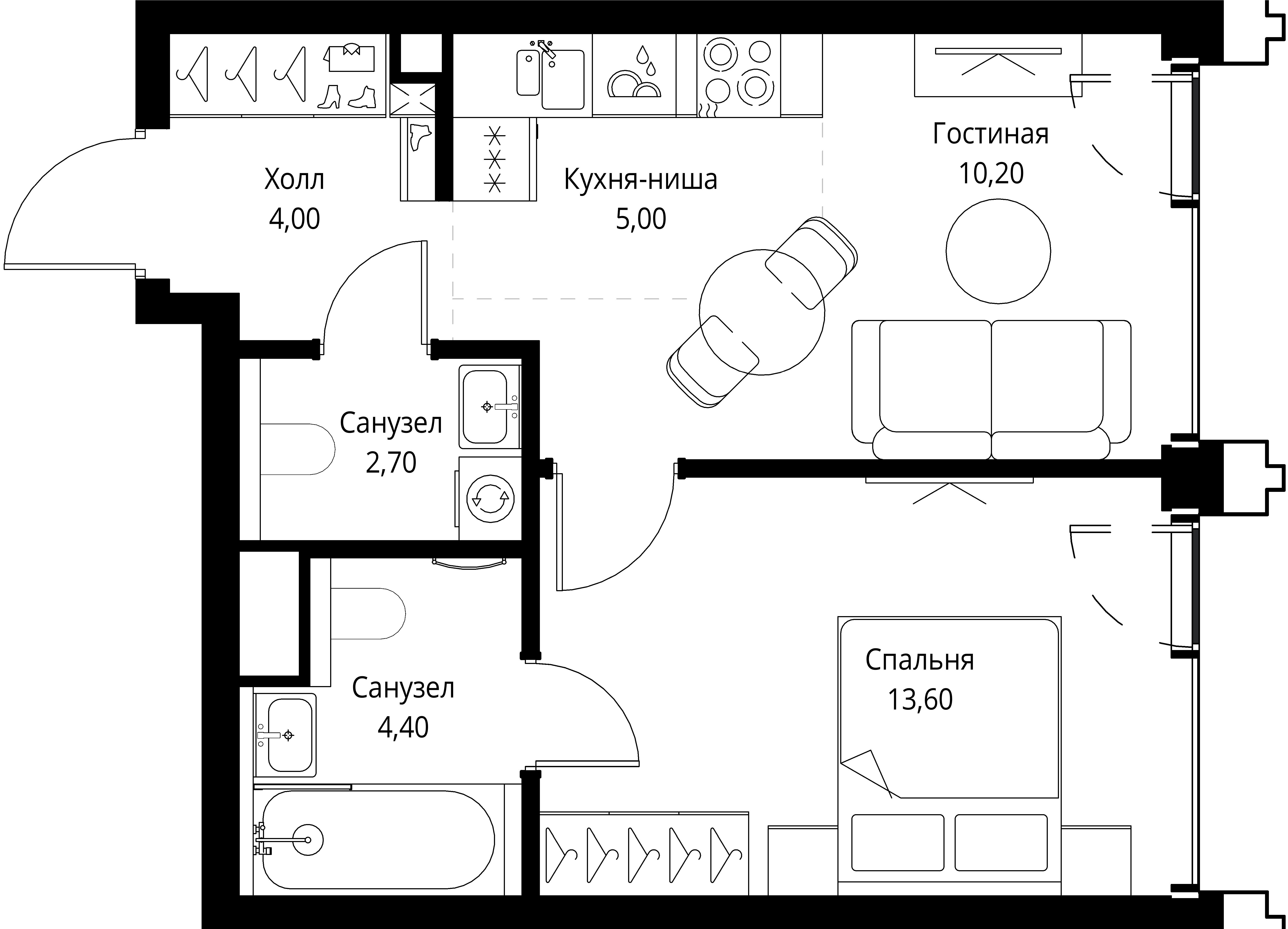 1 комн. квартира, 39.9 м², 55 этаж 