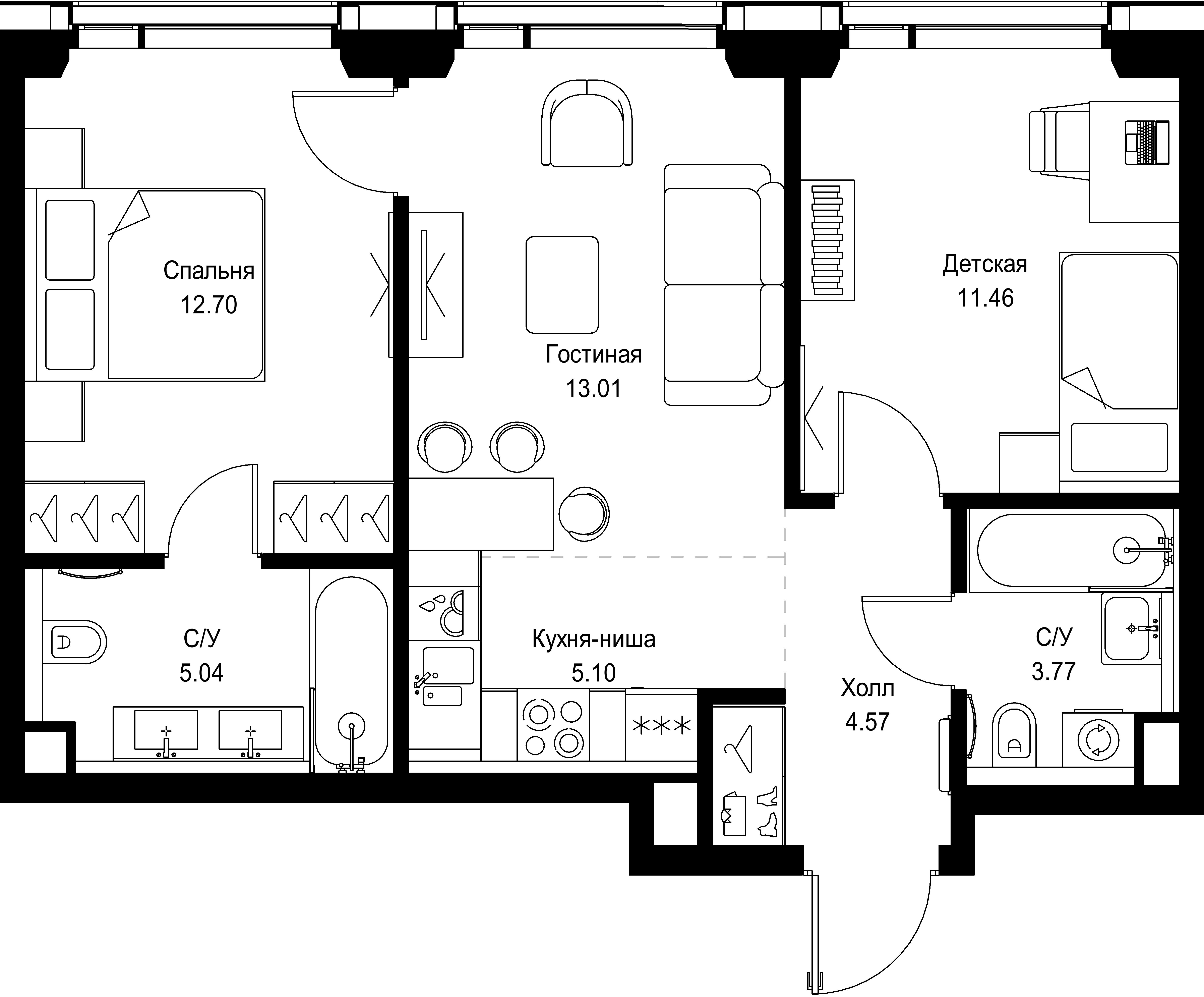 2 комн. квартира, 55.6 м², 37 этаж 
