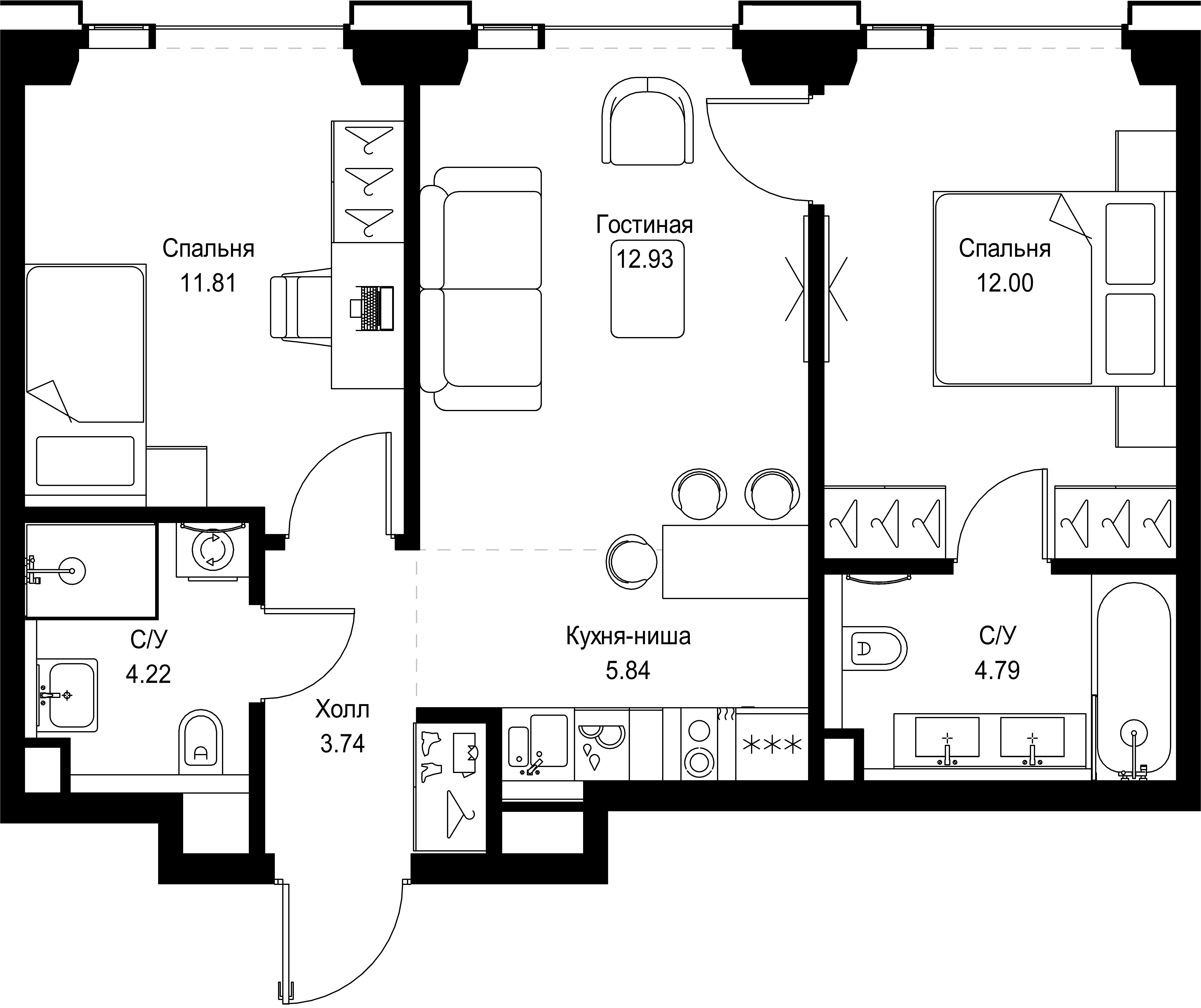 2 комн. квартира, 55.3 м², 27 этаж 