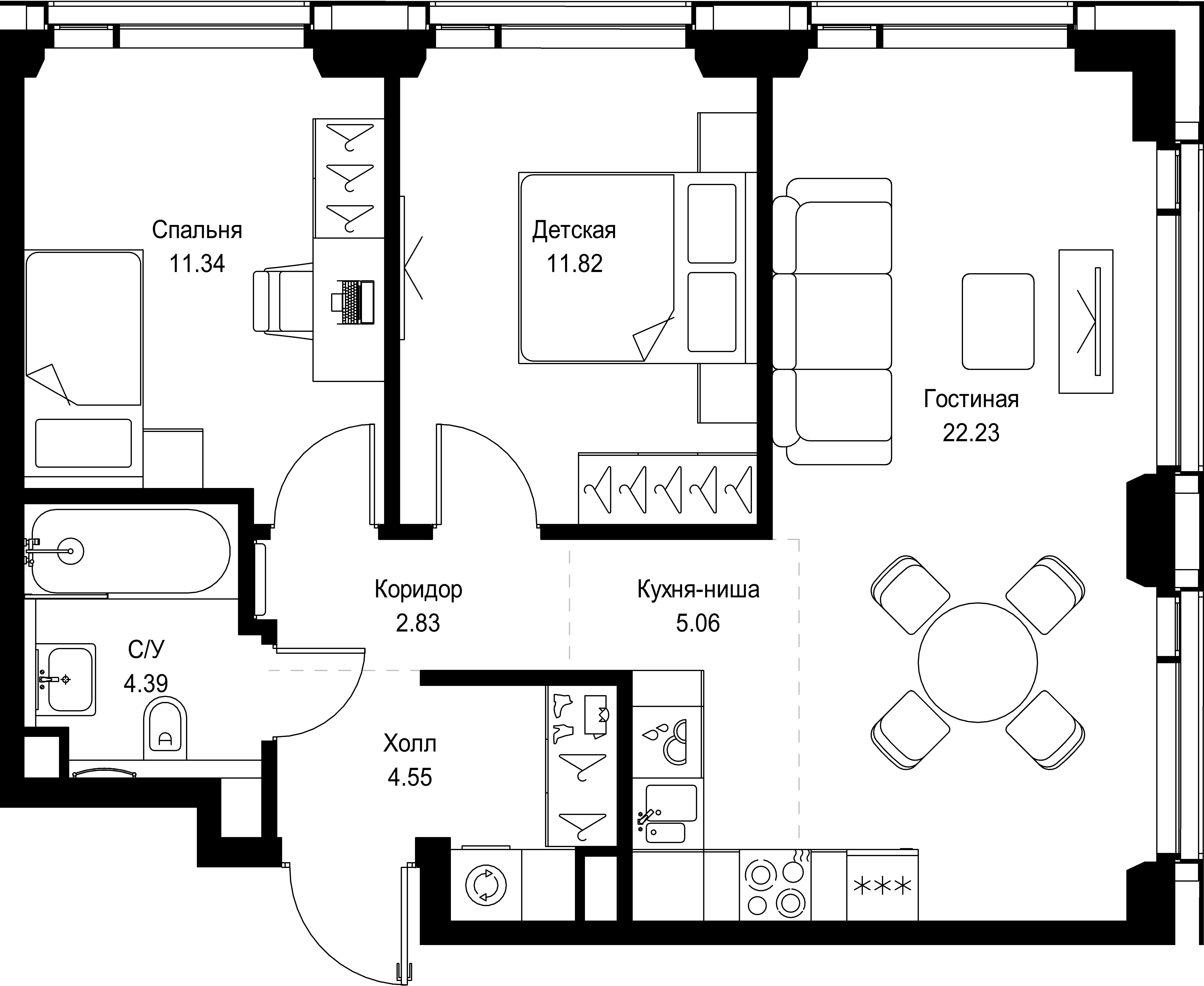 2 комн. квартира, 62.2 м², 37 этаж 