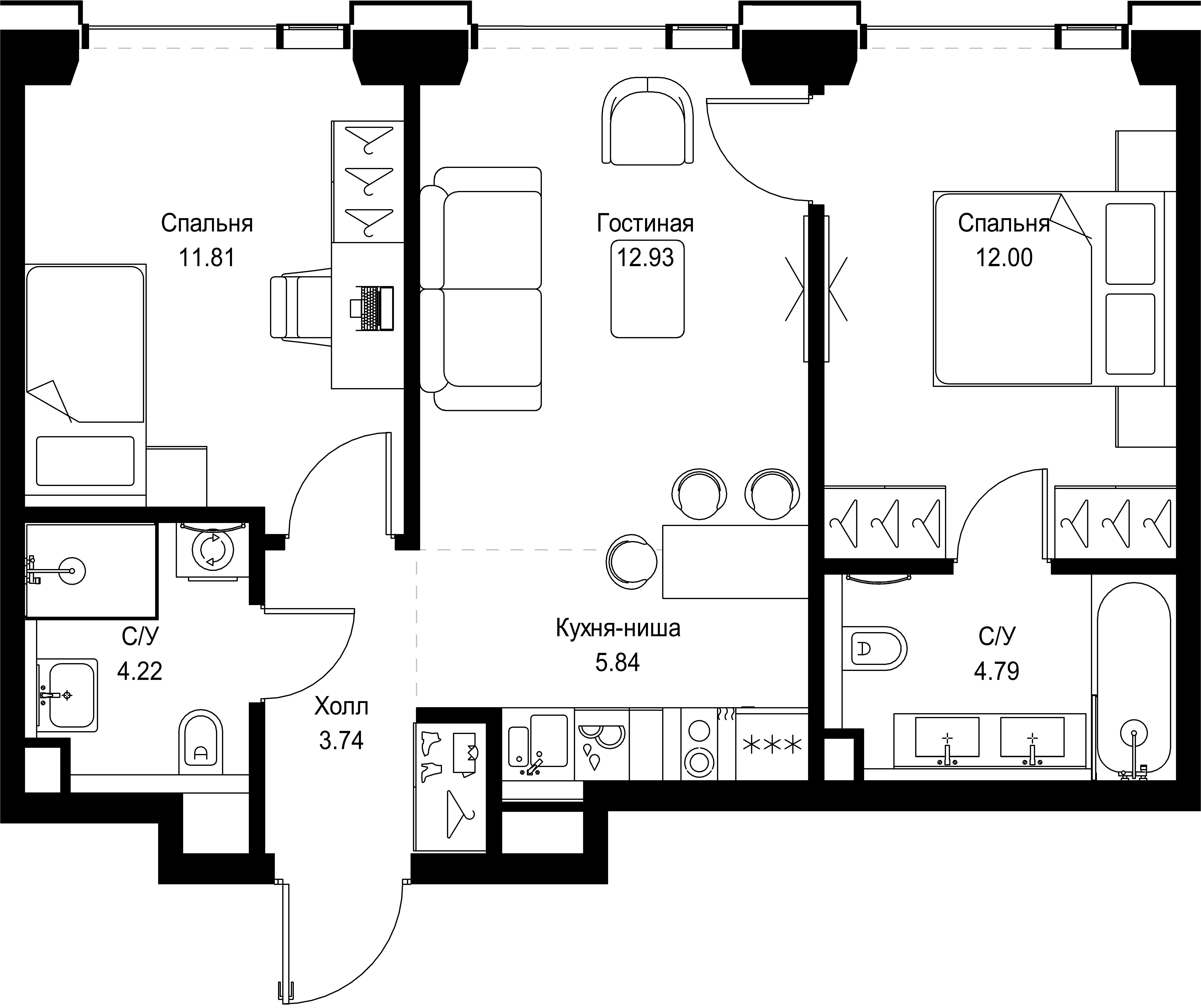 2 комн. квартира, 55.3 м², 24 этаж 