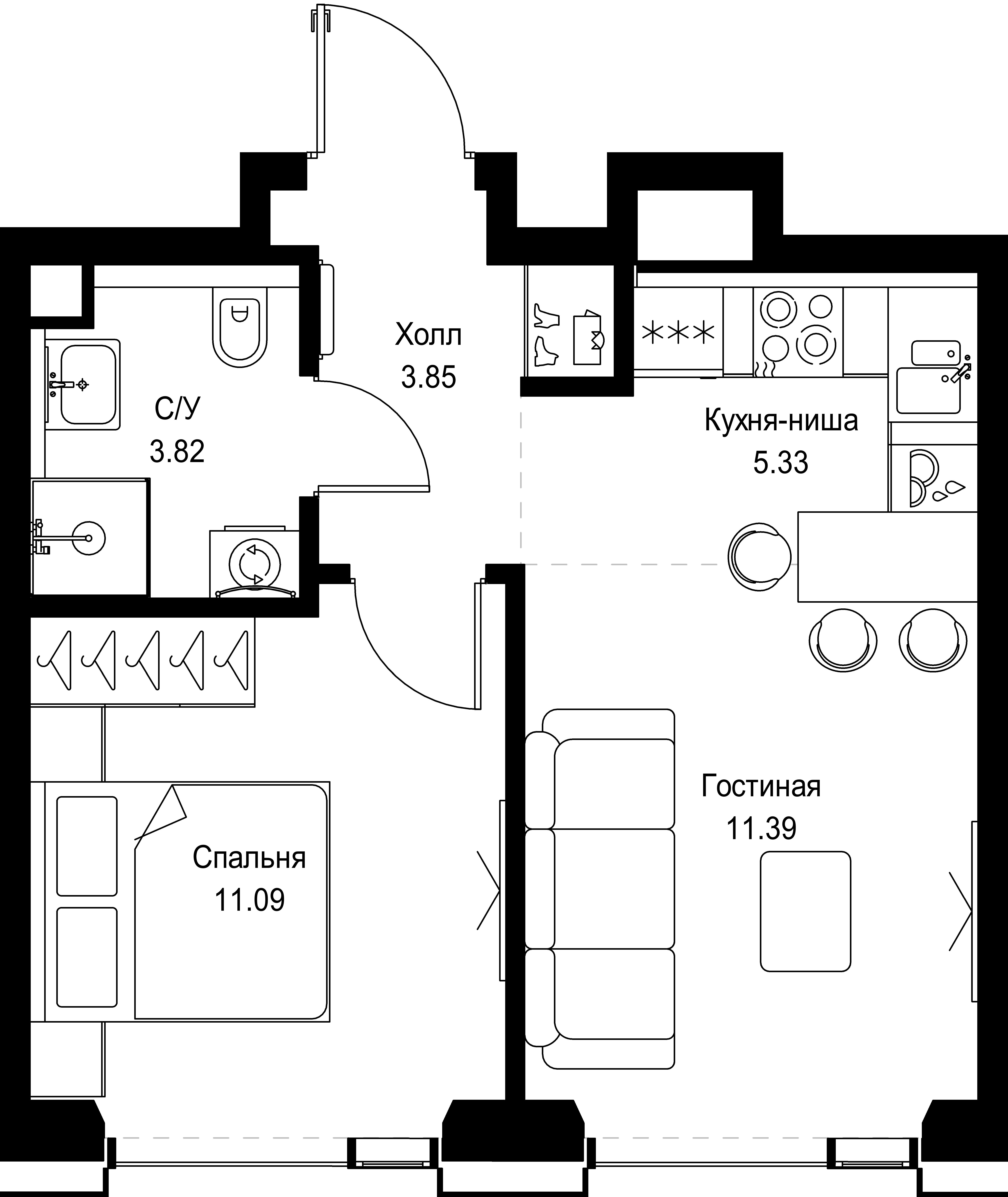 1 комн. квартира, 35.5 м², 43 этаж 