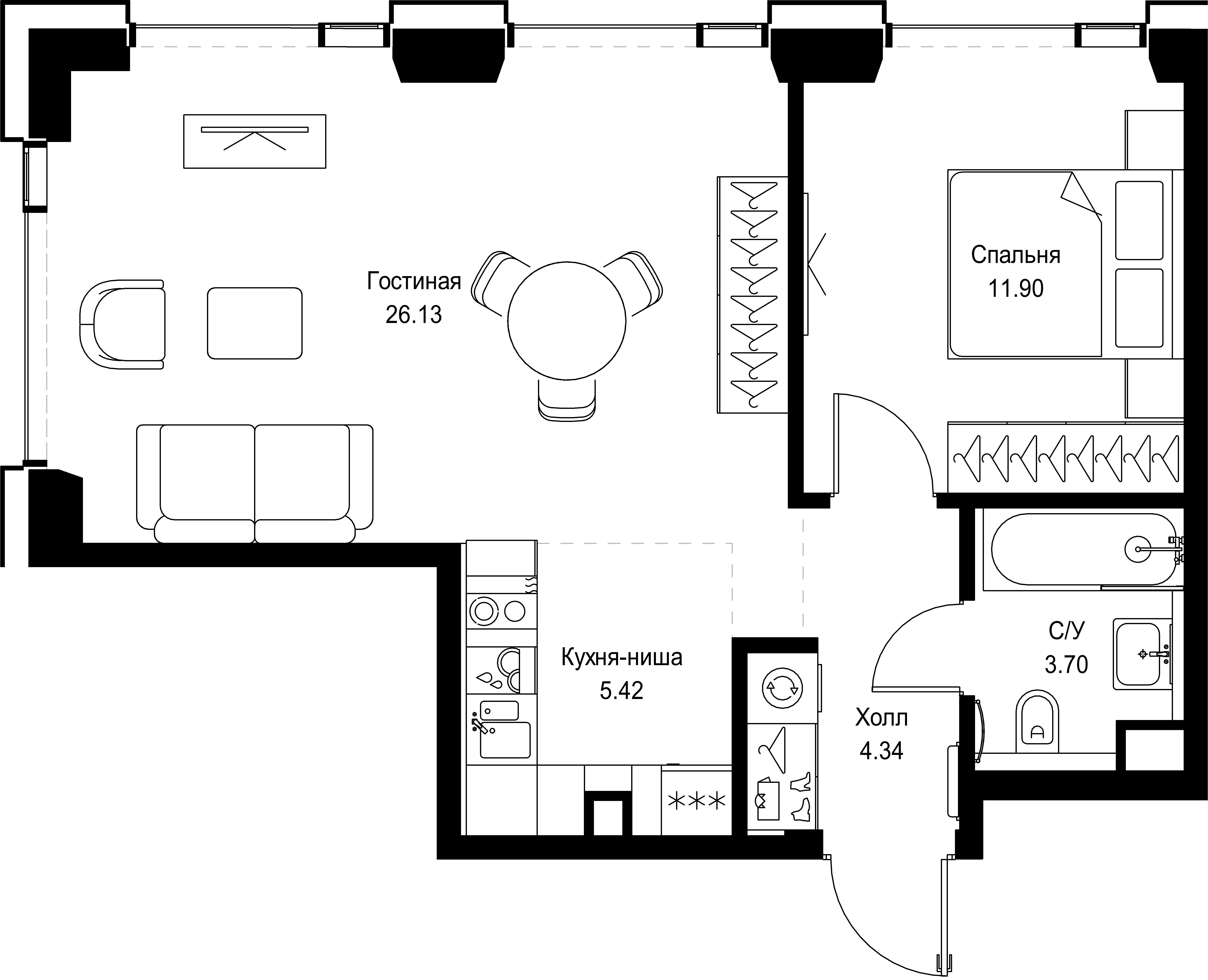 1 комн. квартира, 51.5 м², 24 этаж 