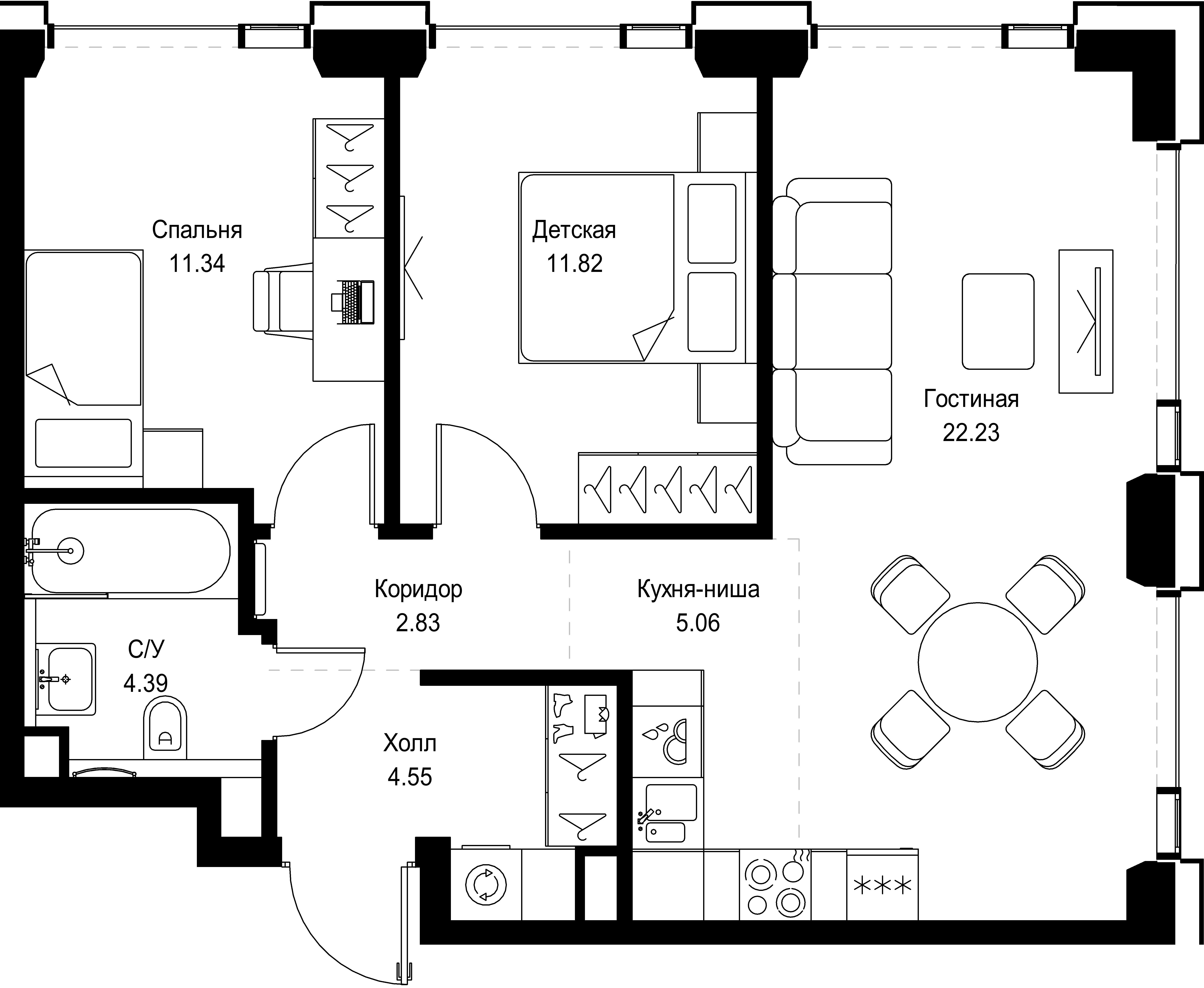2 комн. квартира, 62.2 м², 46 этаж 