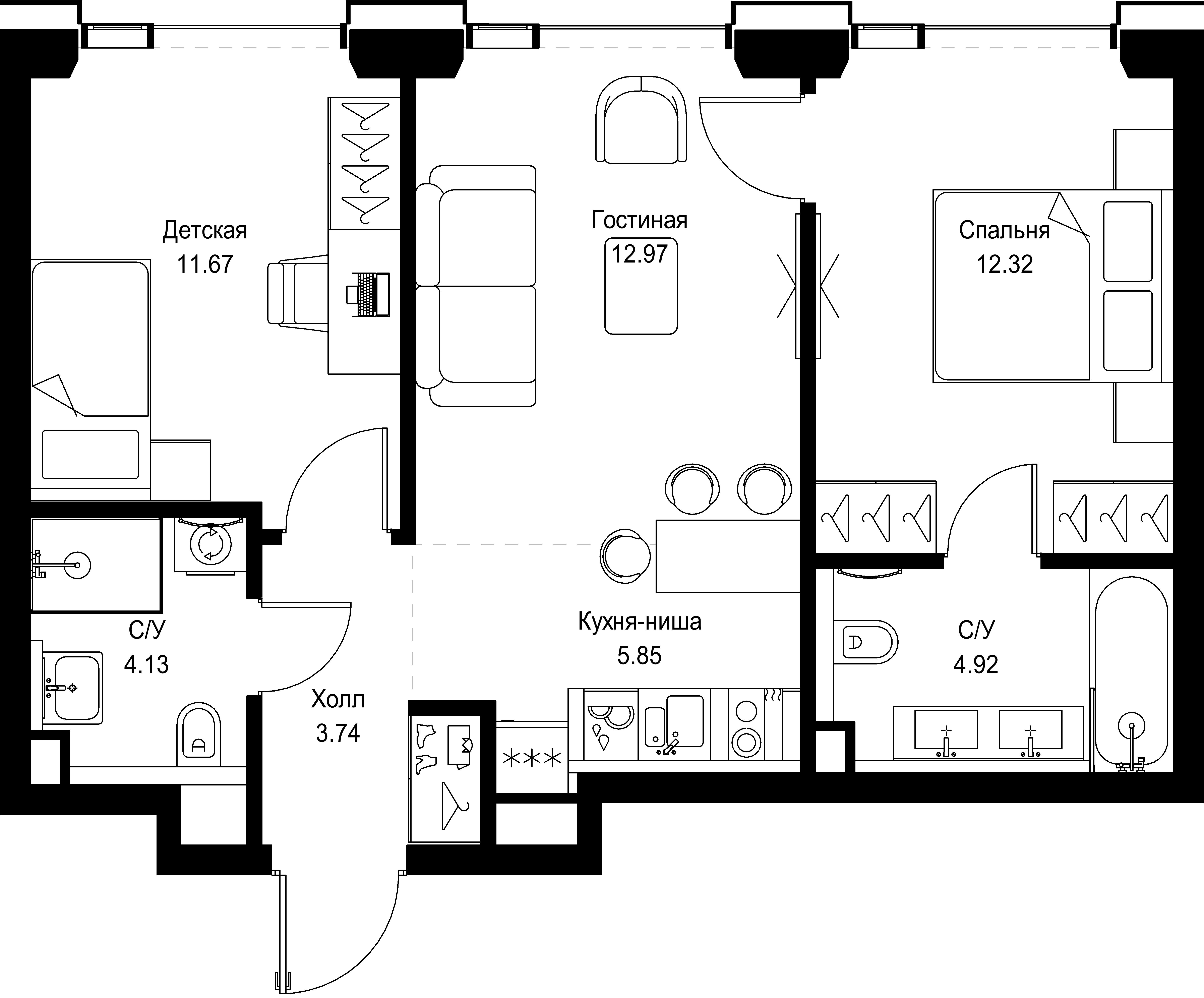 2 комн. квартира, 55.6 м², 33 этаж 