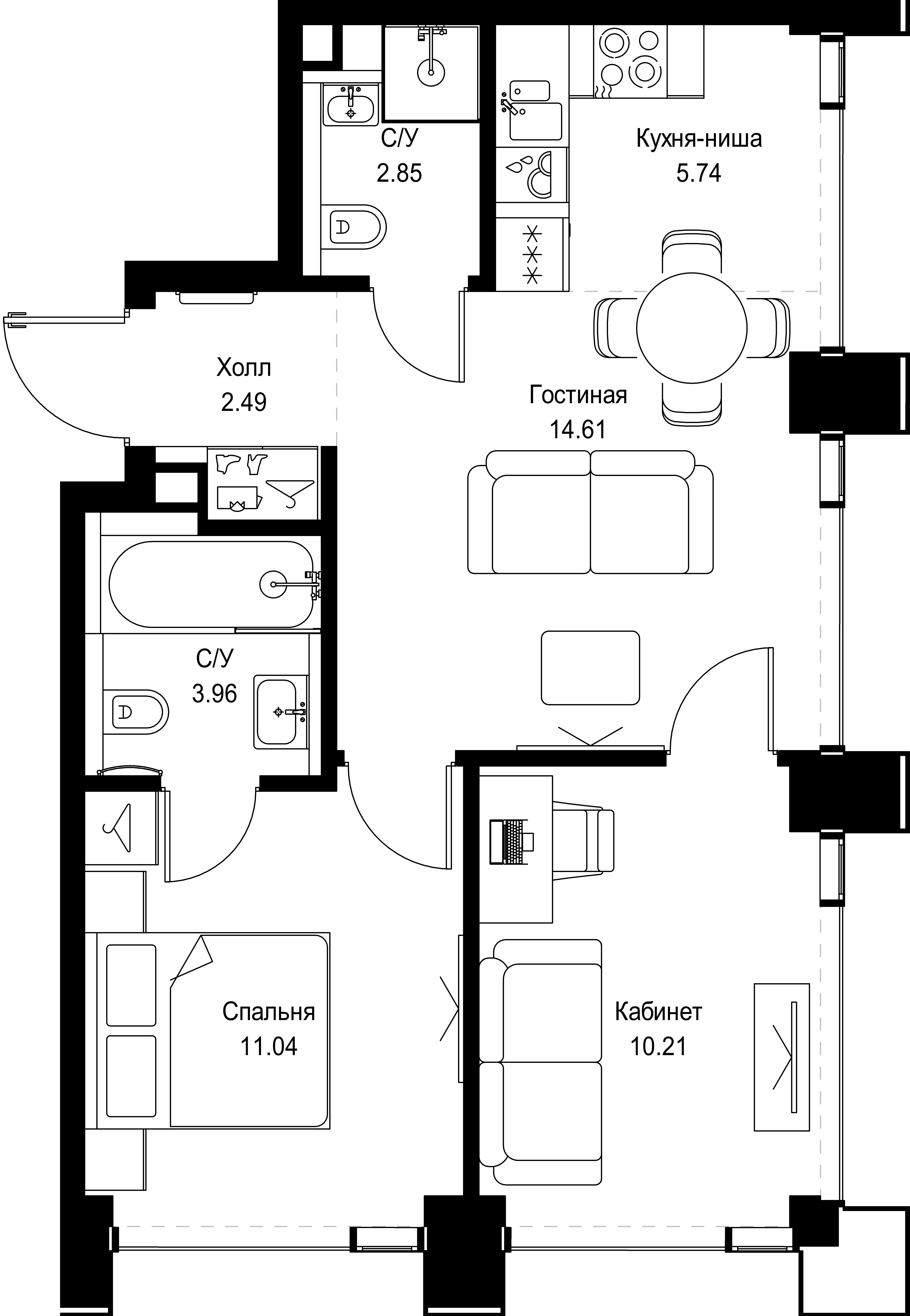 2 комн. квартира, 50.9 м², 49 этаж 