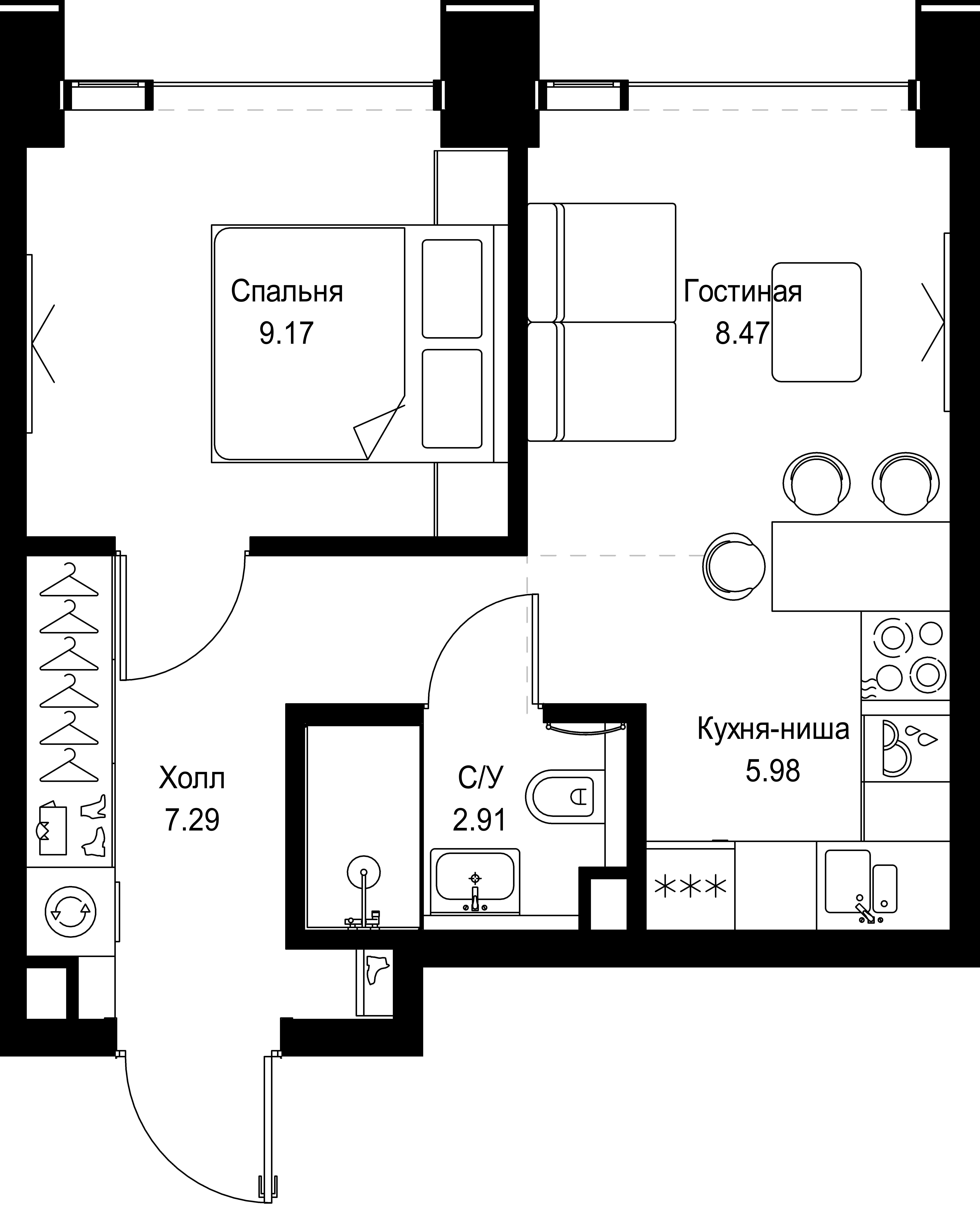 1 комн. квартира, 33.8 м², 57 этаж 