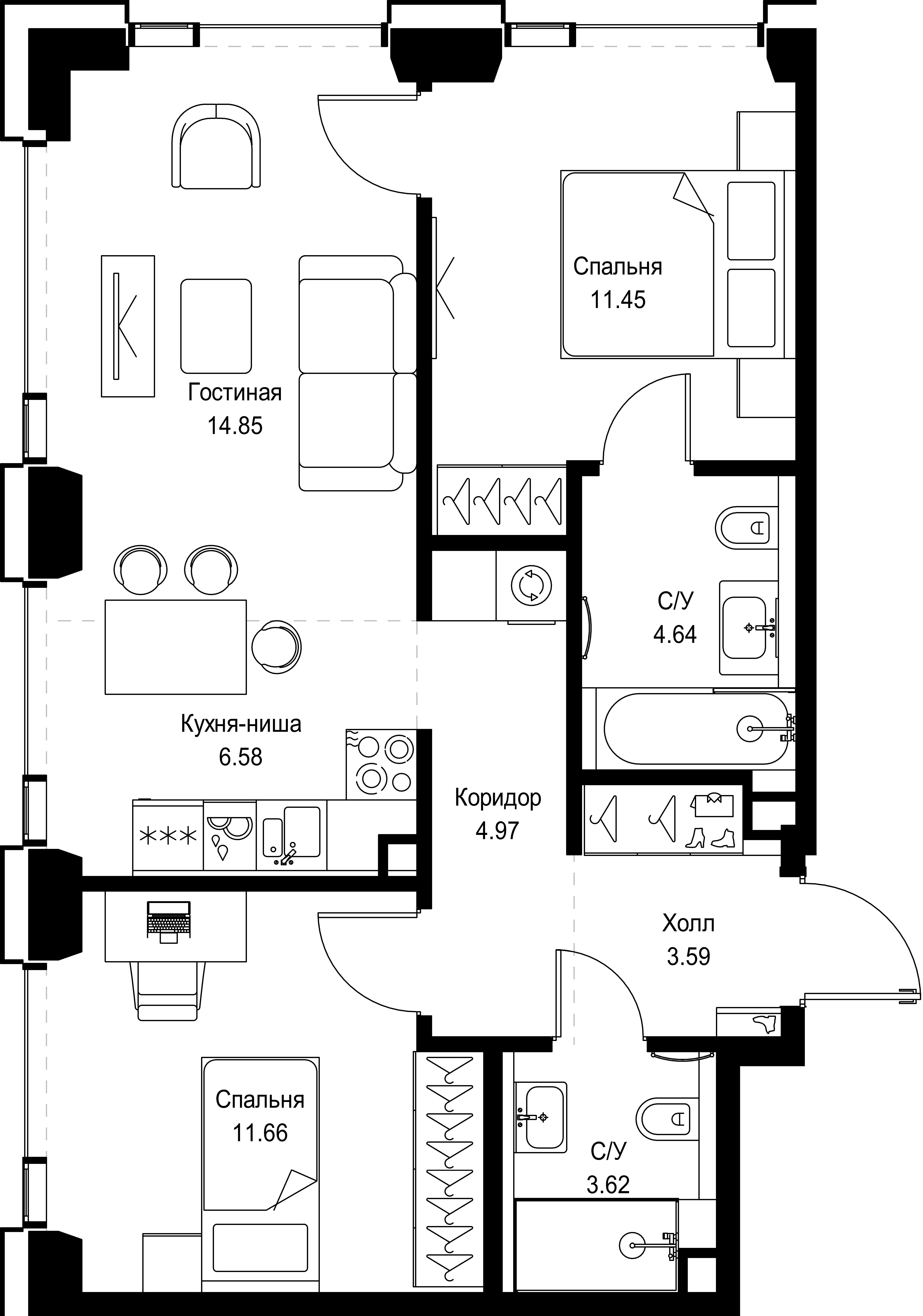 2 комн. квартира, 61.4 м², 51 этаж 