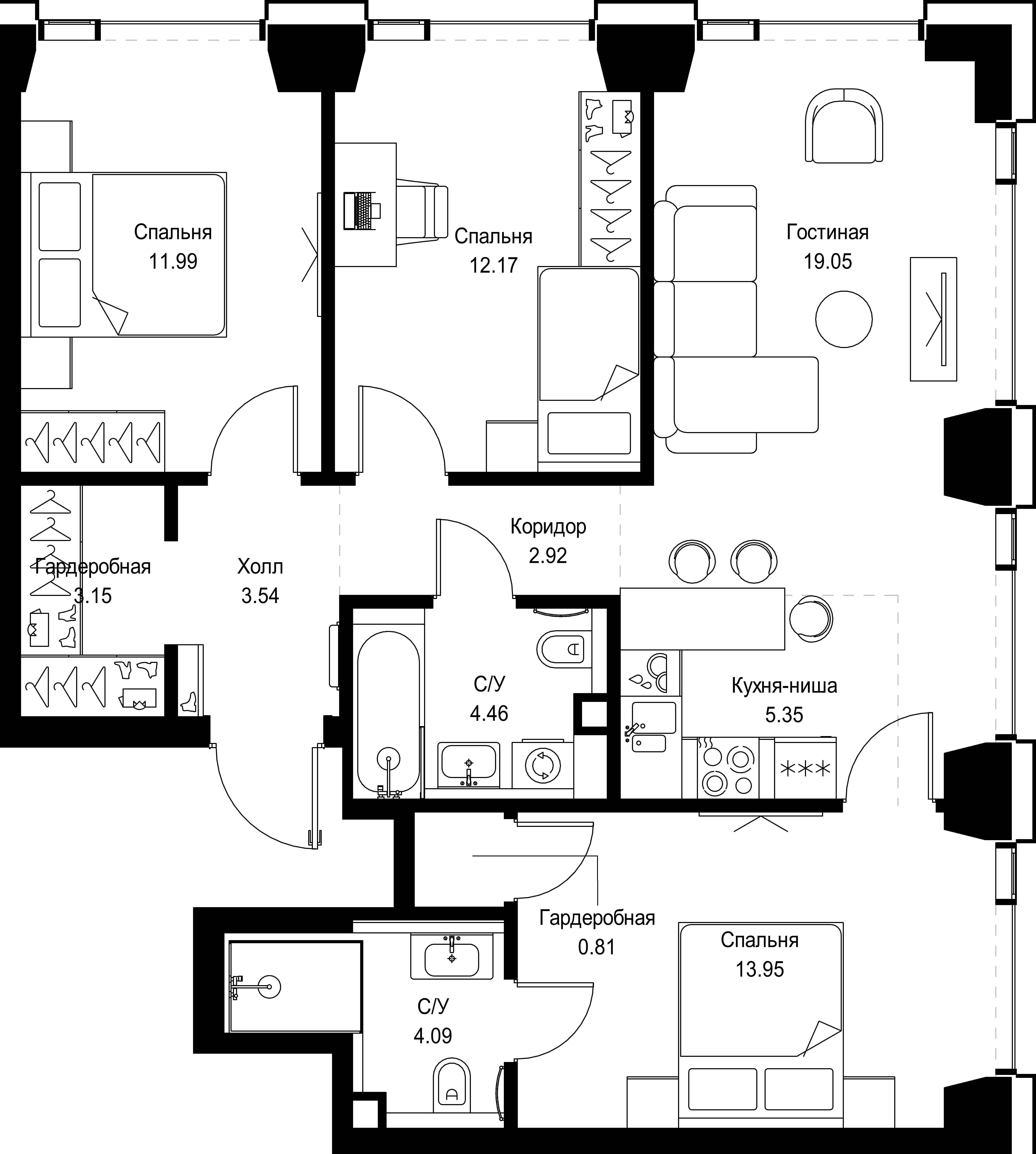 3 комн. квартира, 81.5 м², 15 этаж 