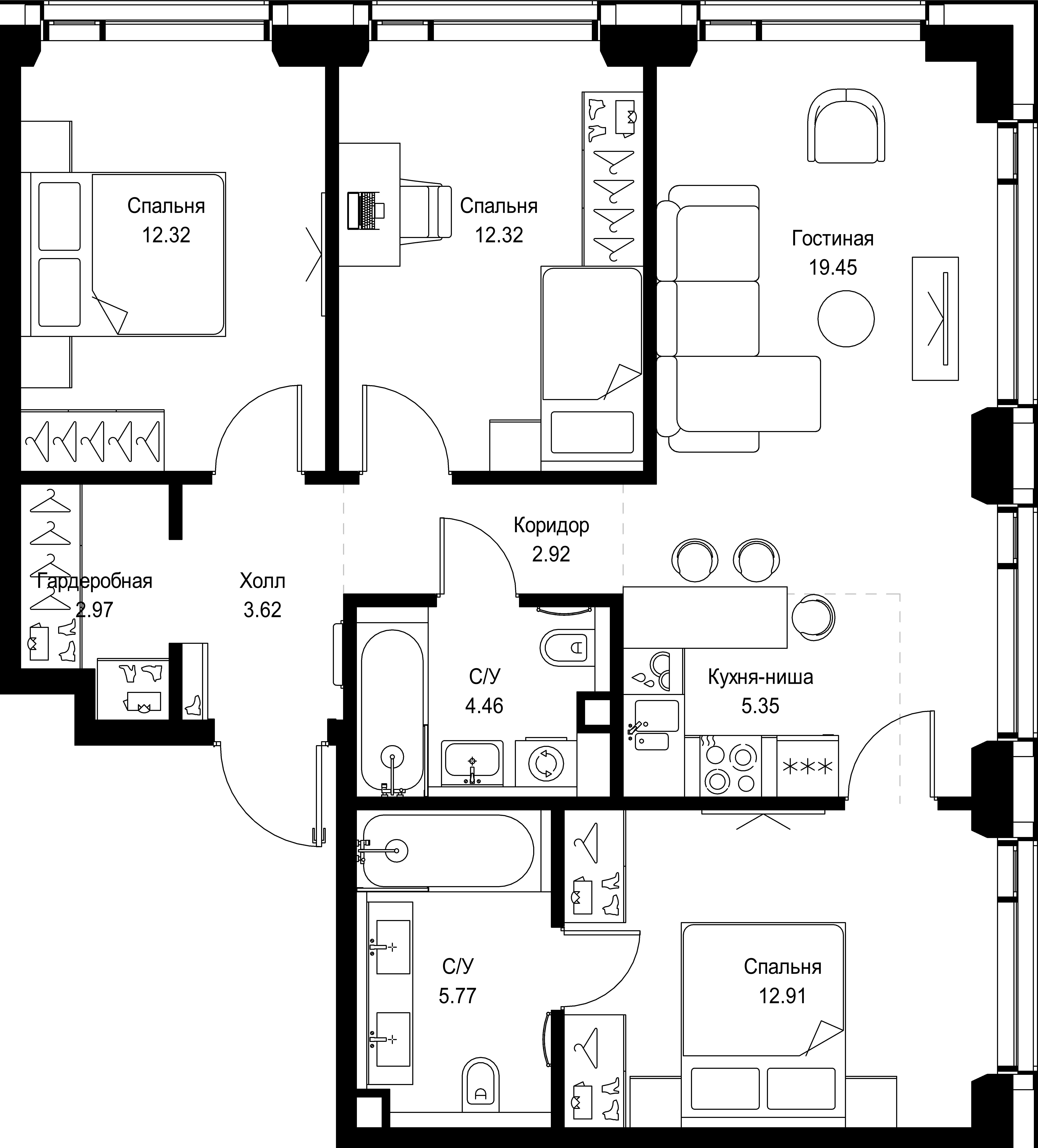 3 комн. квартира, 82.1 м², 45 этаж 