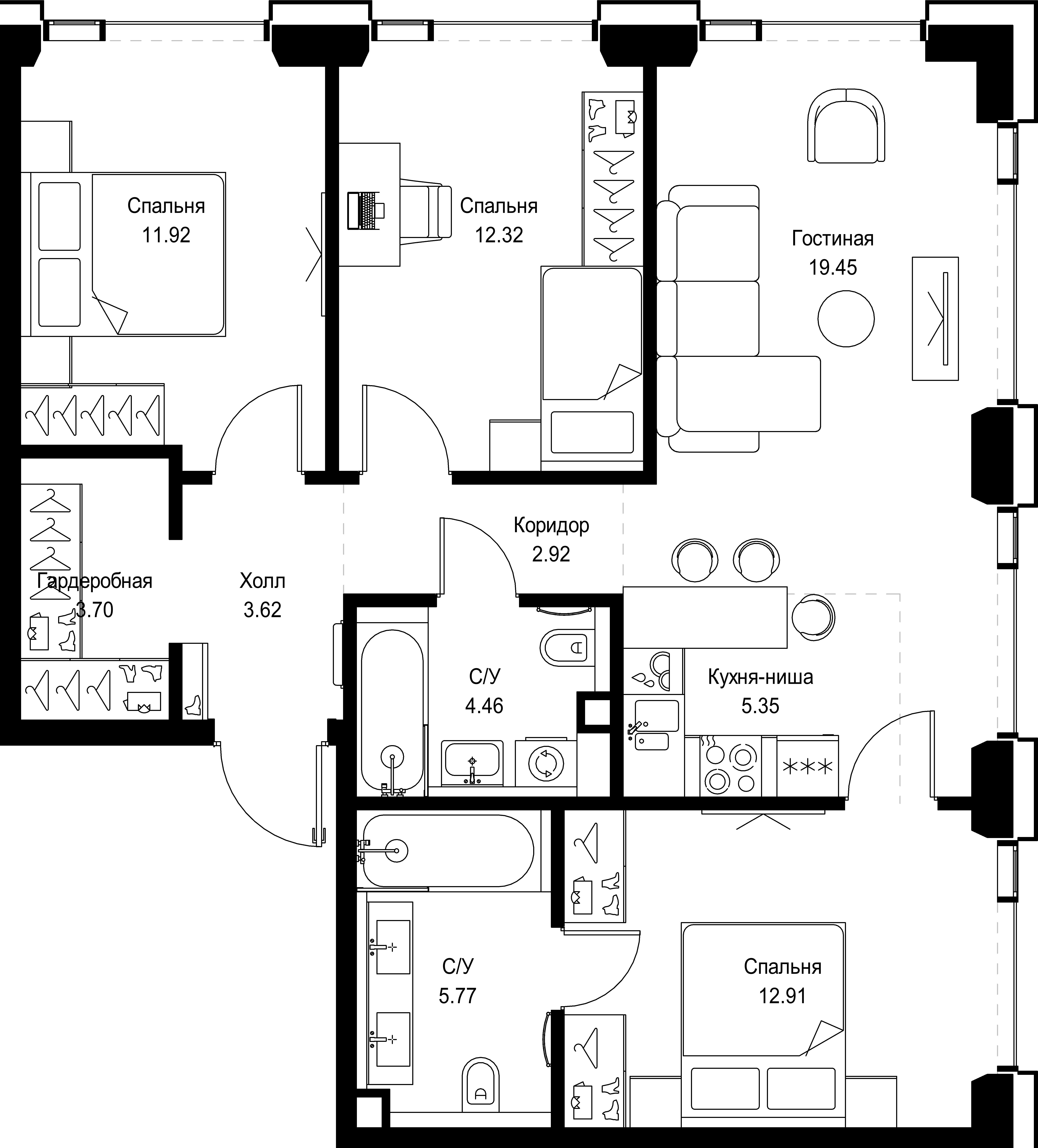3 комн. квартира, 82.4 м², 36 этаж 