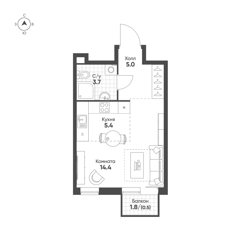 1 комн. квартира, 29 м², 5 этаж 