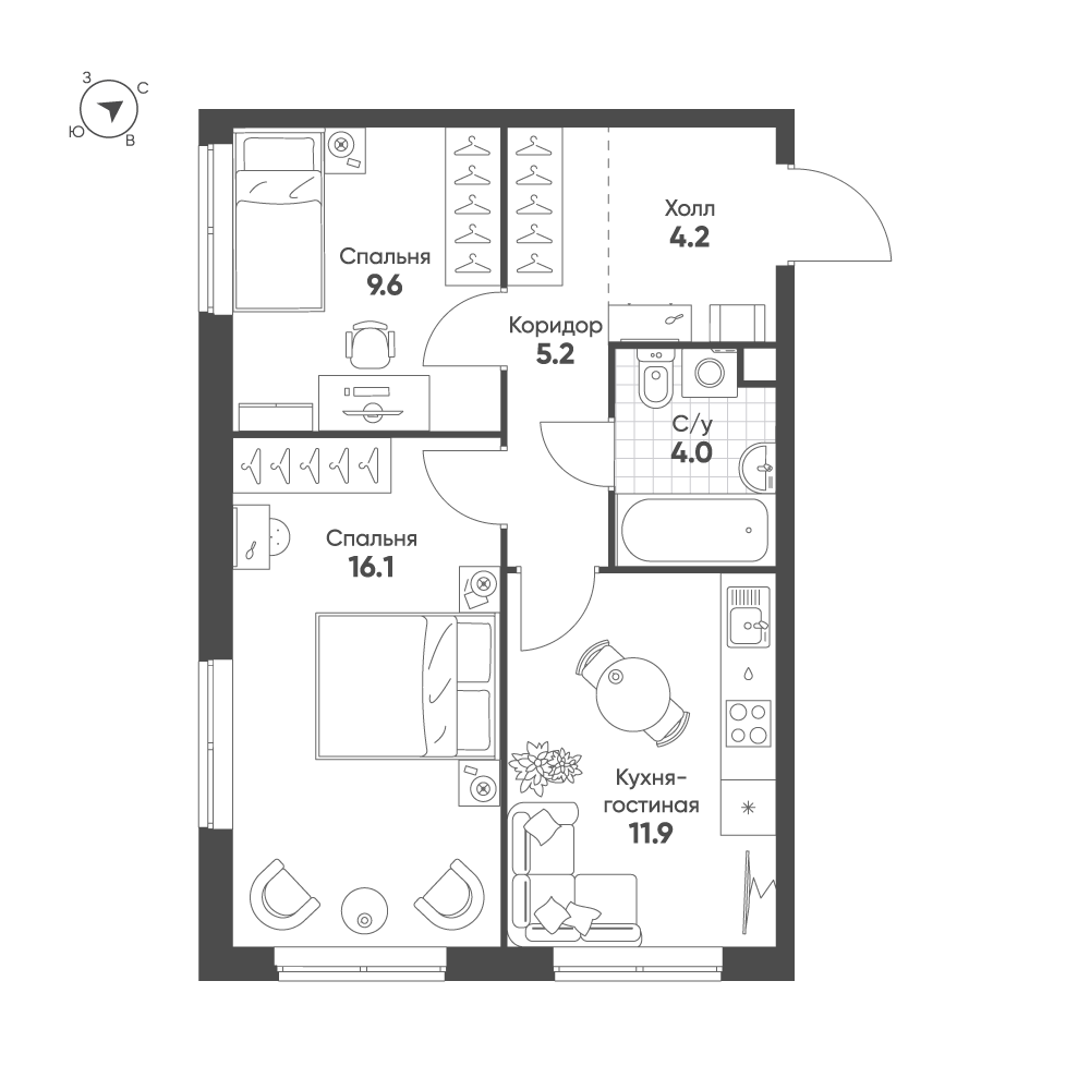 2 комн. квартира, 51 м², 2 этаж 
