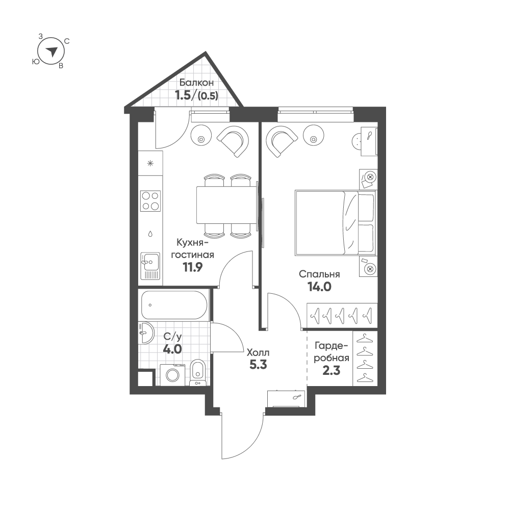 1 комн. квартира, 38 м², 3 этаж 