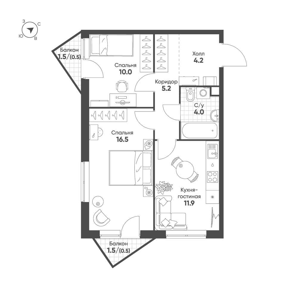 2 комн. квартира, 52.8 м², 3 этаж 