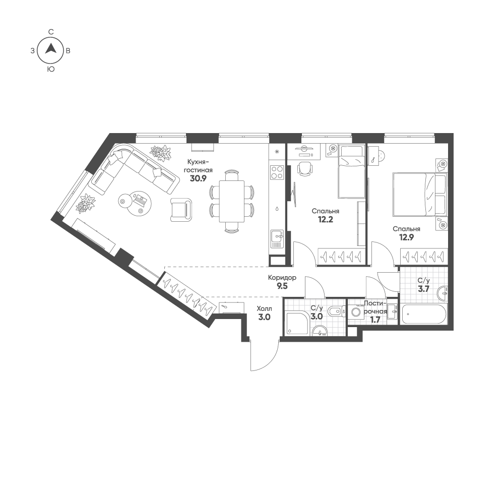 3 комн. квартира, 76.9 м², 2 этаж 