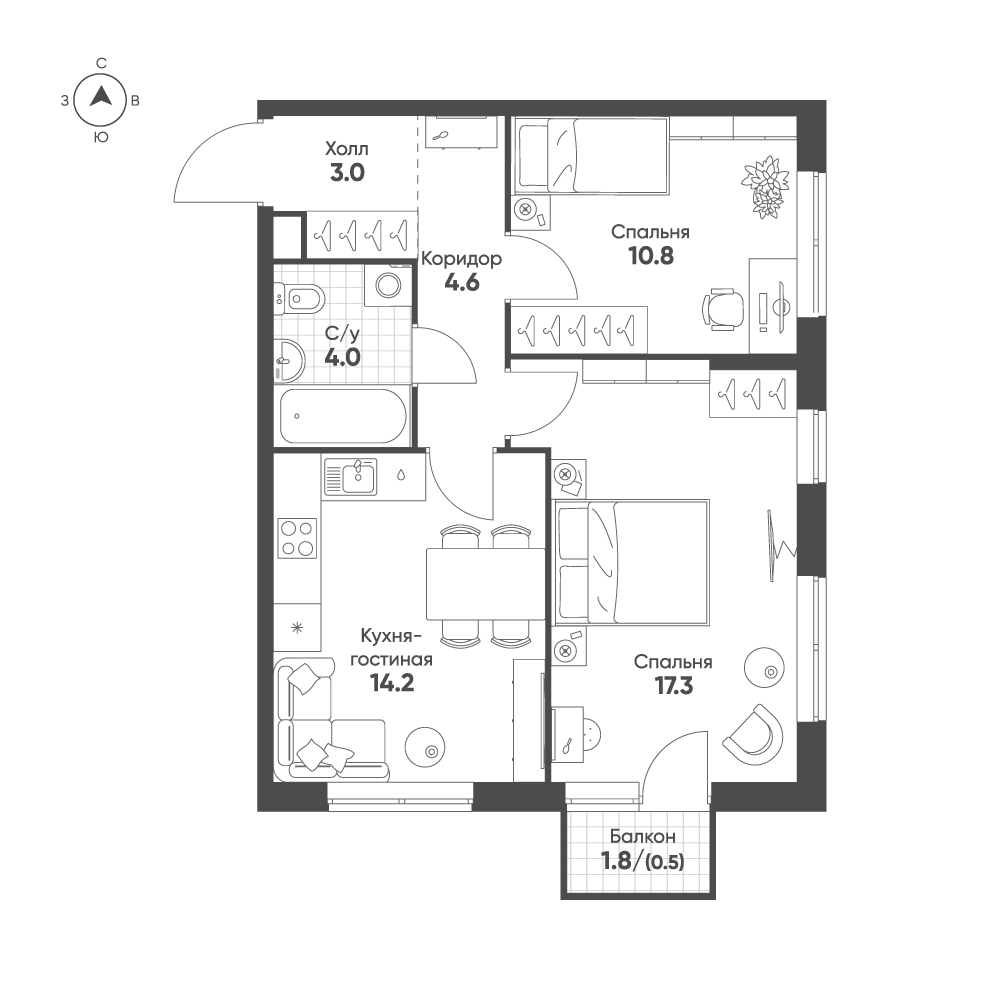 2 комн. квартира, 54.4 м², 5 этаж 