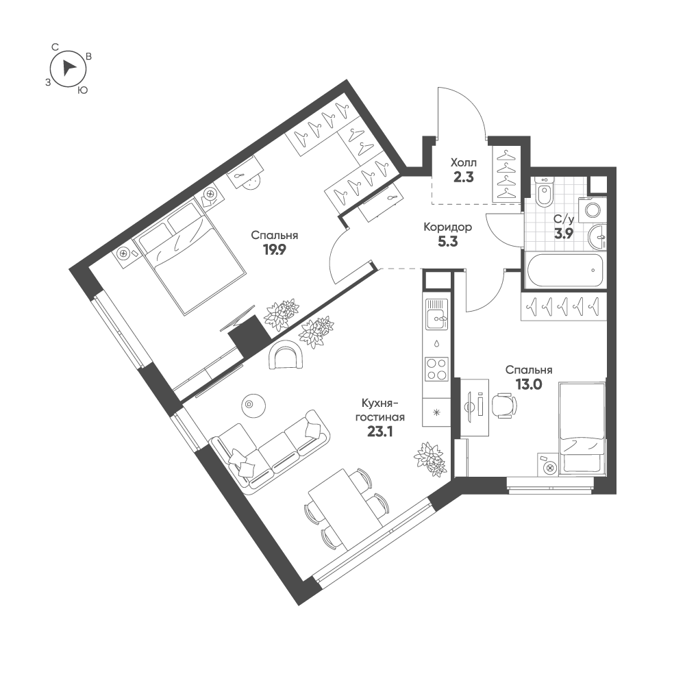 2 комн. квартира, 67.5 м², 2 этаж 