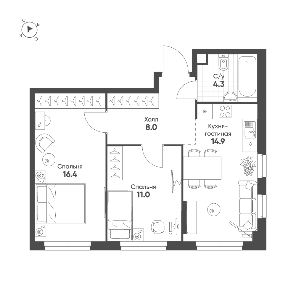 2 комн. квартира, 54.6 м², 8 этаж 