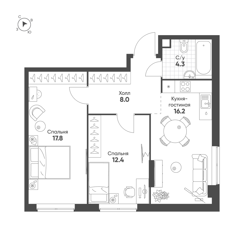 2 комн. квартира, 58.7 м², 2 этаж 