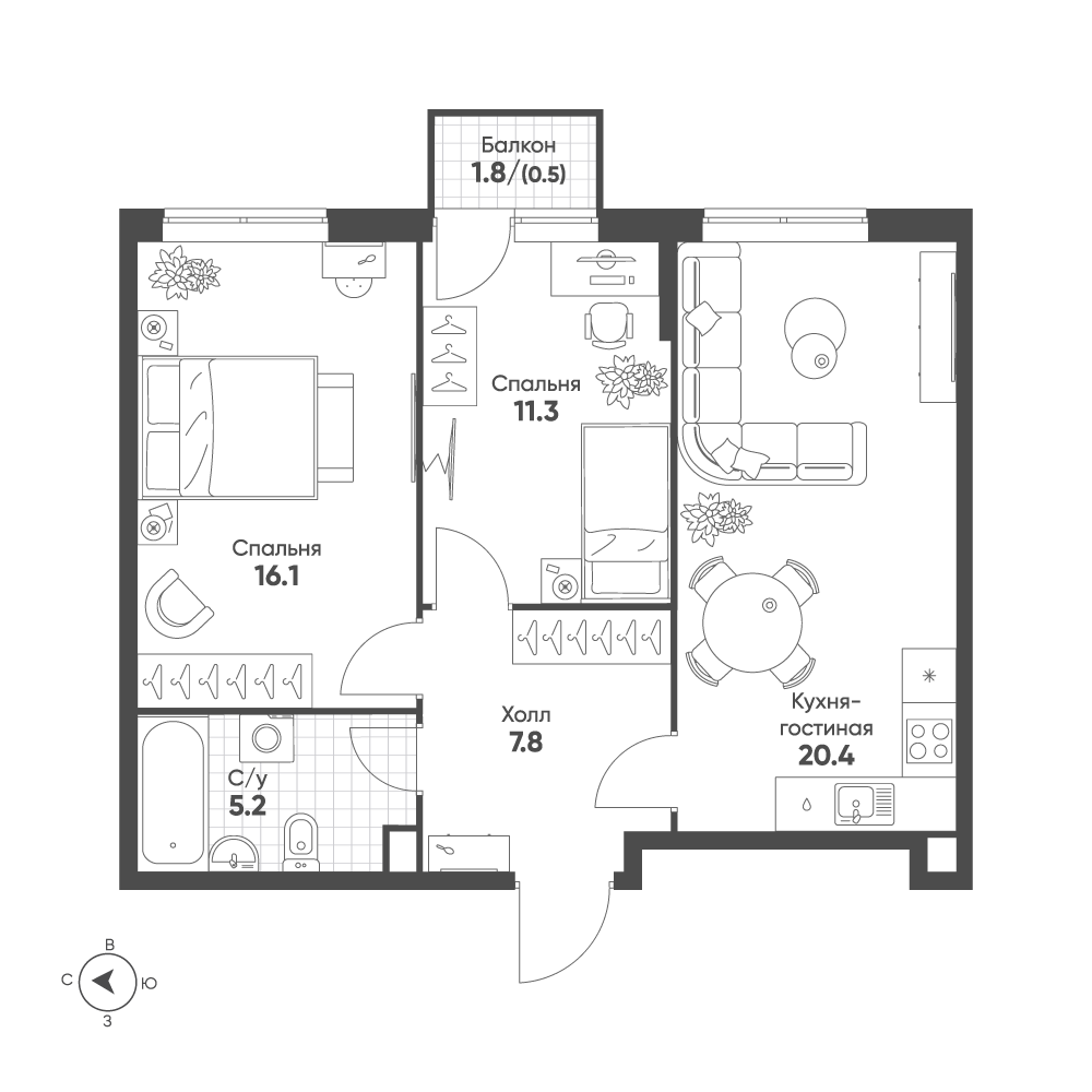 2 комн. квартира, 61.3 м², 3 этаж 