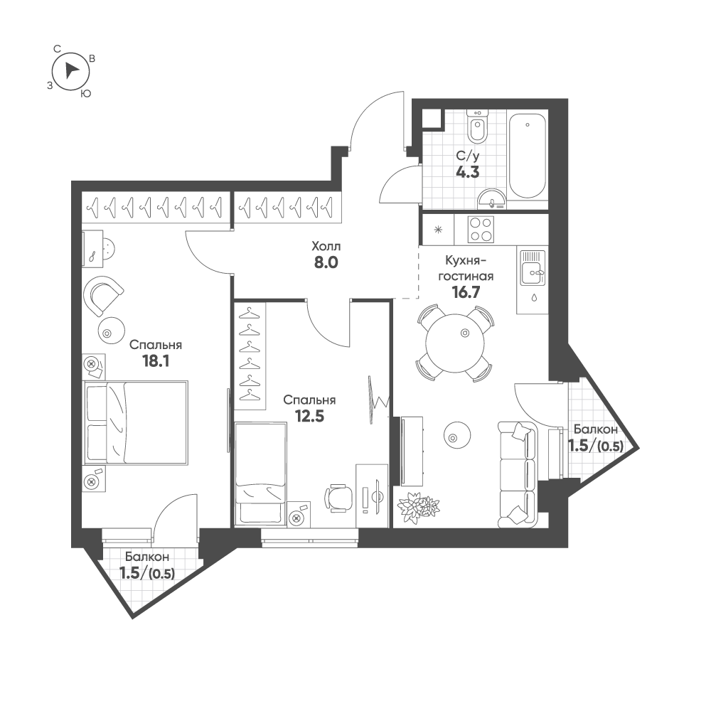 2 комн. квартира, 60.6 м², 3 этаж 