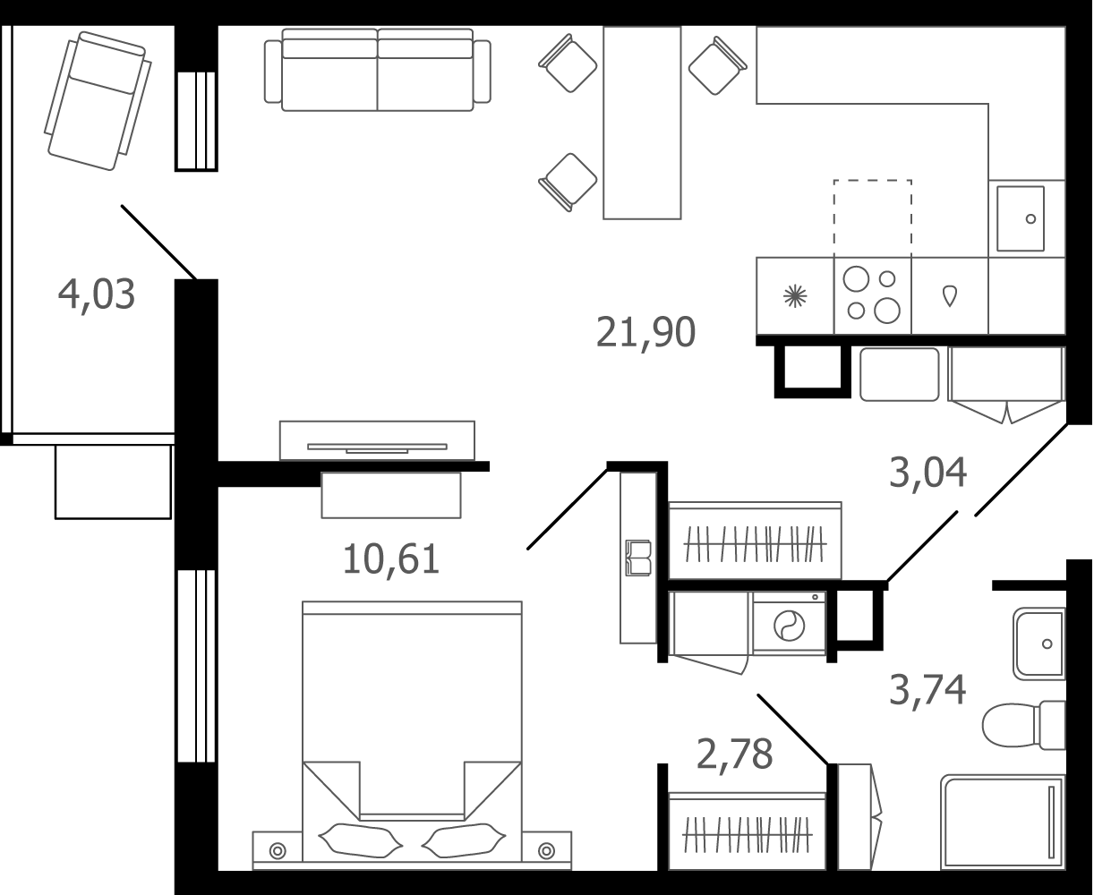 2 комн. квартира, 43.4 м², 10 этаж 