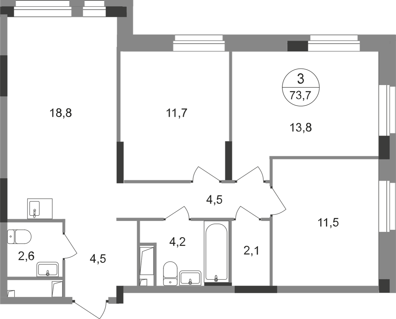 3 комн. квартира, 73.7 м², 5 этаж  (из 19)