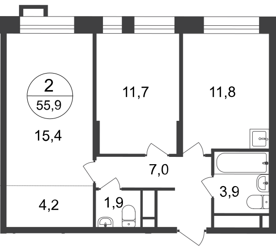 2 комн. квартира, 55.9 м², 12 этаж  (из 20)
