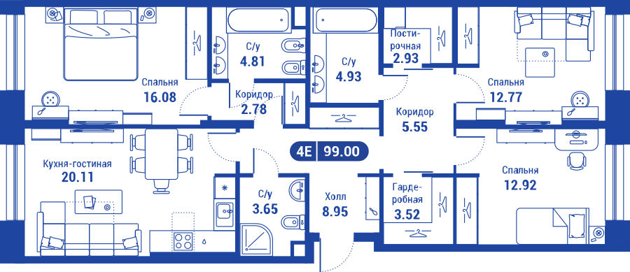 4 комн. квартира, 98.9 м², 2 этаж 