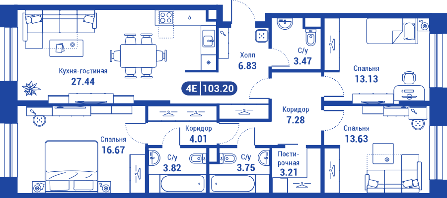 4 комн. квартира, 102.8 м², 2 этаж 