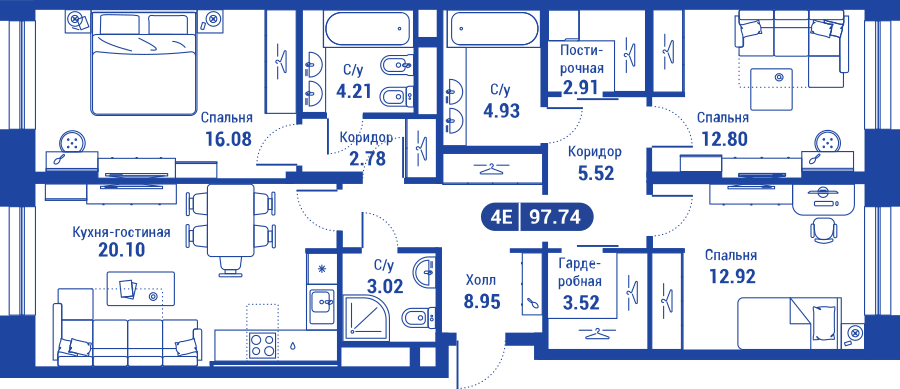 4 комн. квартира, 98.3 м², 5 этаж 