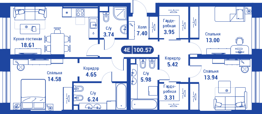 4 комн. квартира, 99.2 м², 2 этаж 