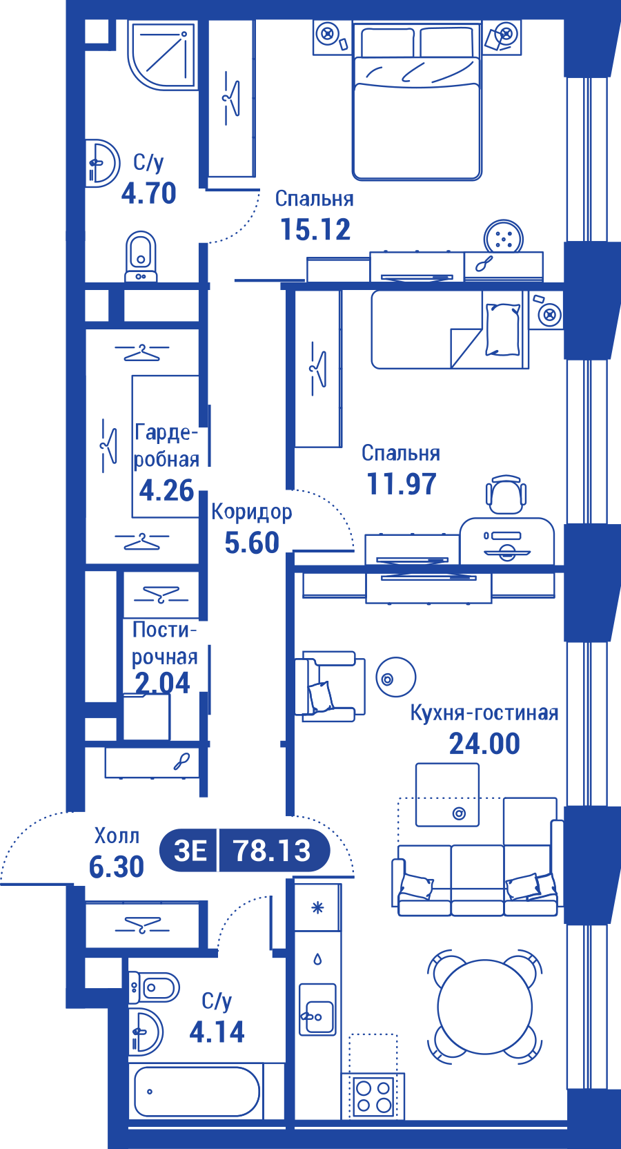3 комн. квартира, 77.3 м², 22 этаж 