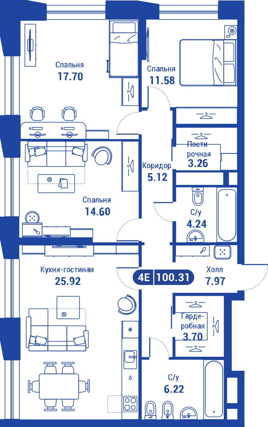 4 комн. квартира, 99.9 м², 24 этаж 