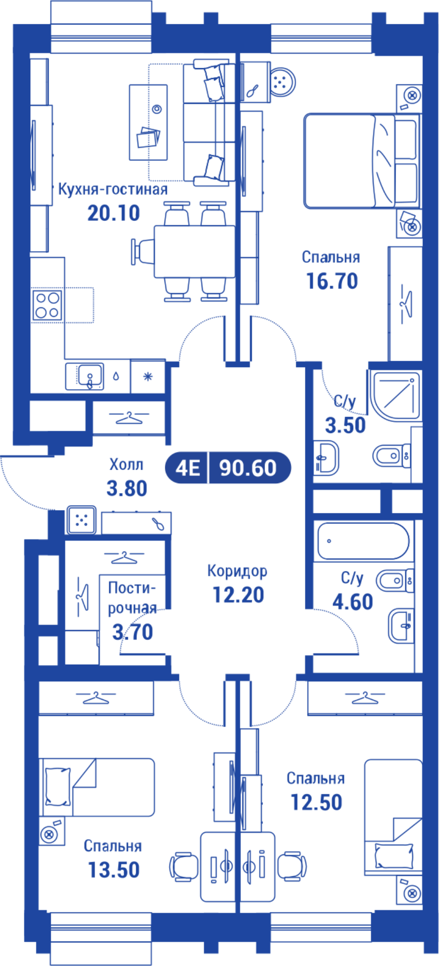 4 комн. квартира, 90.6 м², 2 этаж 