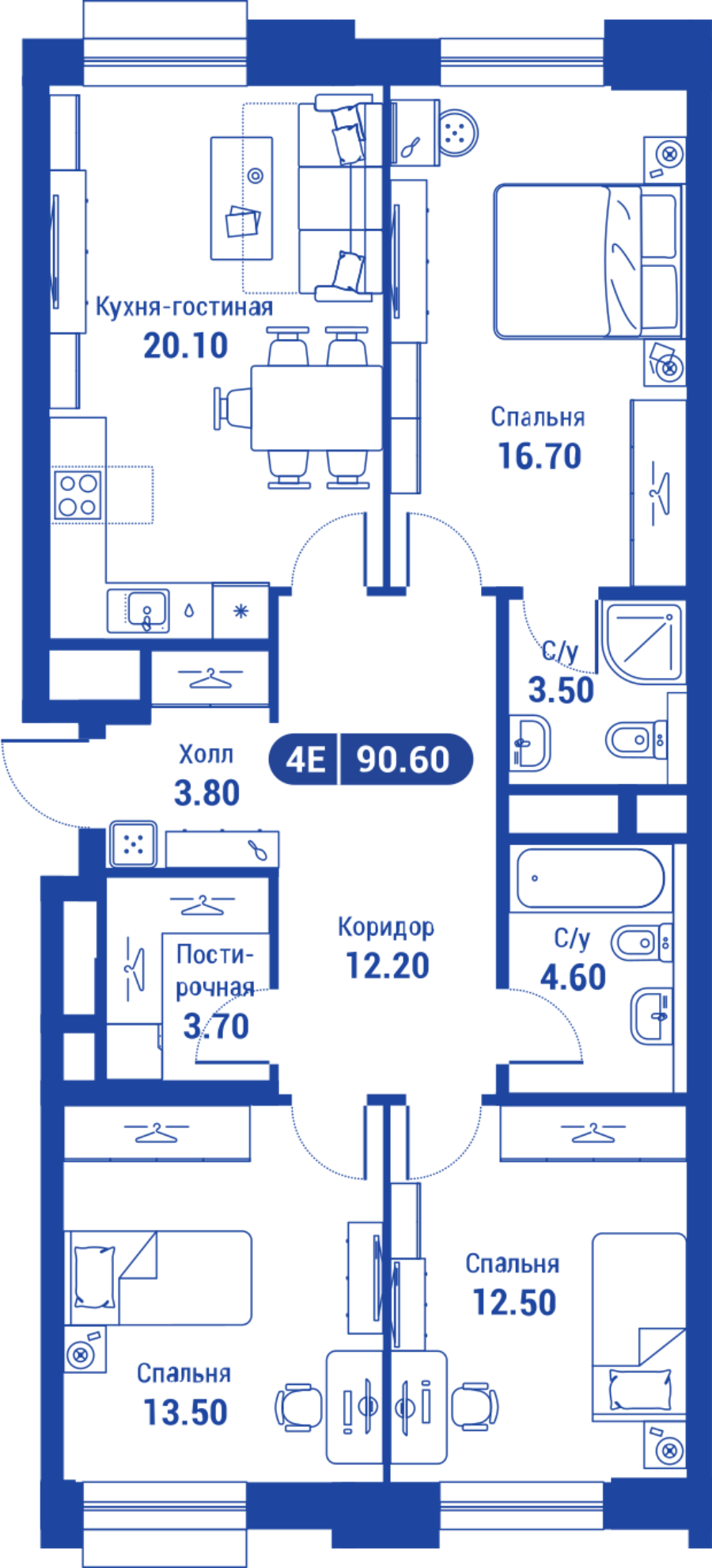 4 комн. квартира, 90.6 м², 4 этаж 