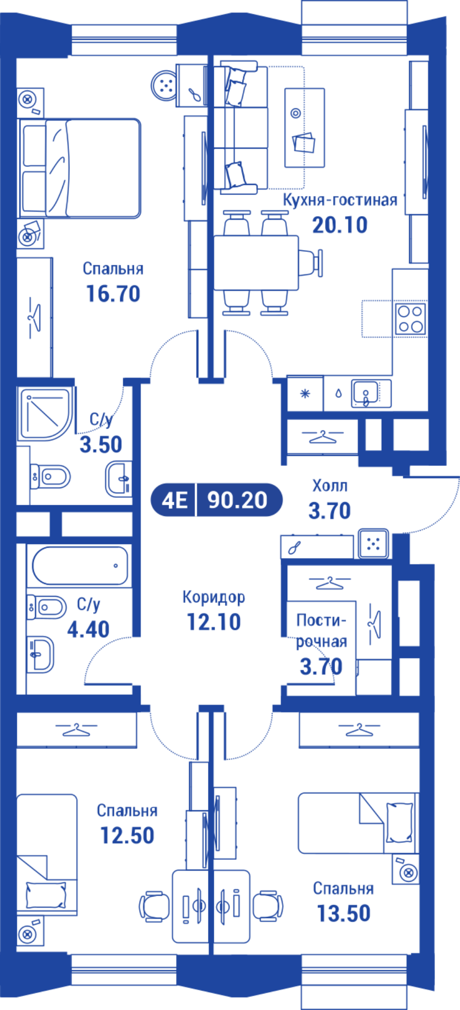 4 комн. квартира, 90.2 м², 10 этаж 