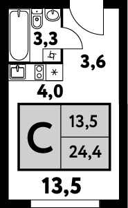 студия, 24.4 м², 16 этаж 