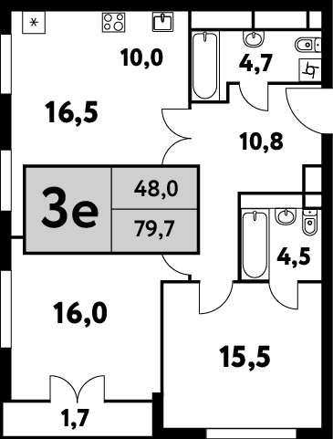 3 комн. квартира, 79.7 м², 24 этаж 