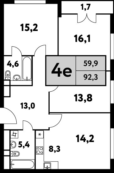 4 комн. квартира, 92.3 м², 22 этаж 