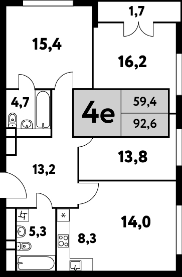 4 комн. квартира, 92.6 м², 18 этаж 