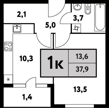 1 комн. квартира, 36 м², 17 этаж 