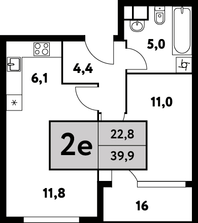 2 комн. квартира, 39.9 м², 17 этаж 