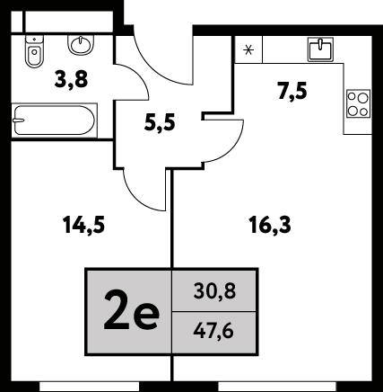 2 комн. квартира, 47.6 м², 17 этаж 