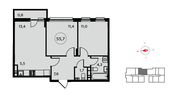 3 комн. квартира, 55.8 м², 7 этаж 