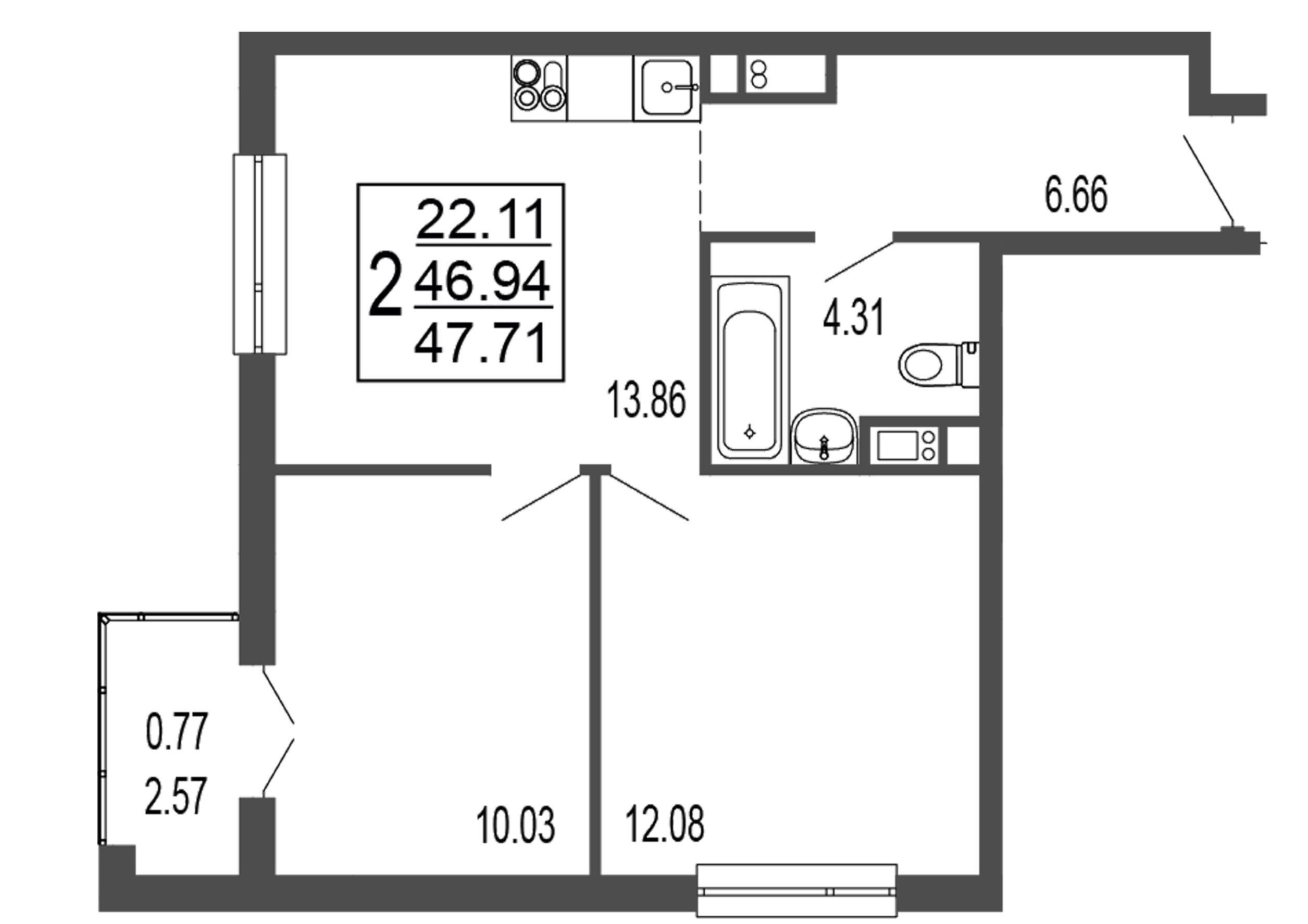 2 комн. квартира, 48.9 м², 3 этаж 