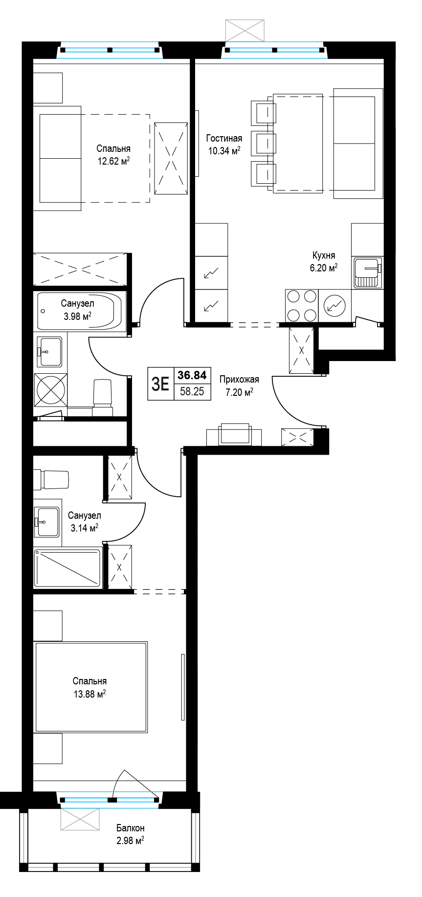2 комн. квартира, 58.4 м², 13 этаж 