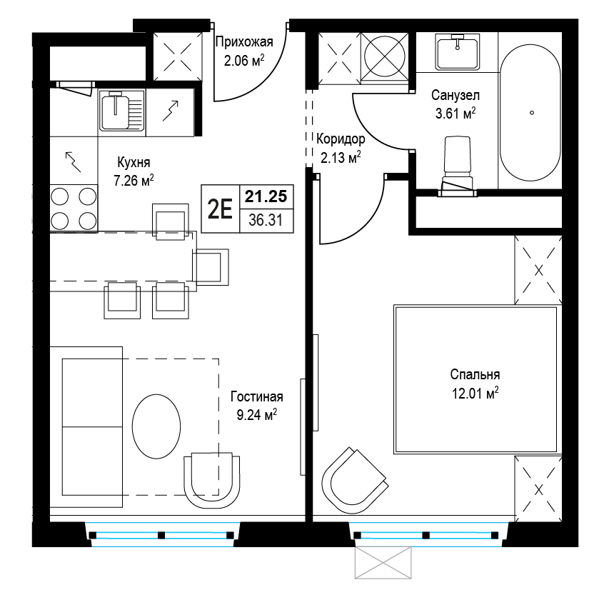 1 комн. квартира, 36.2 м², 3 этаж 