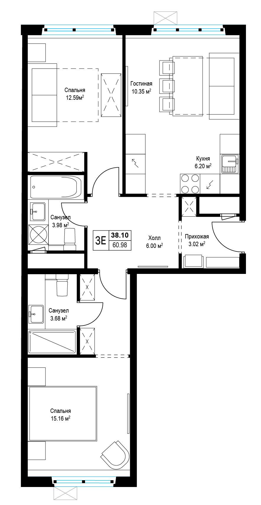 2 комн. квартира, 60.8 м², 17 этаж 